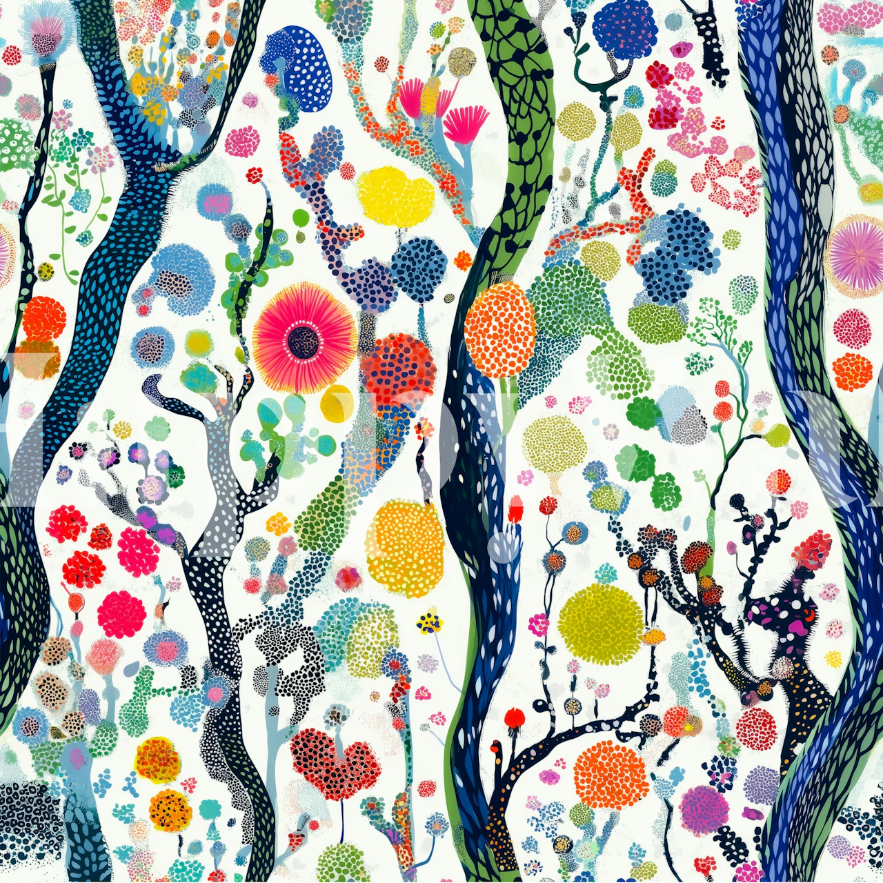 Colorful floral and abstract tree wallpaper in vibrant shades