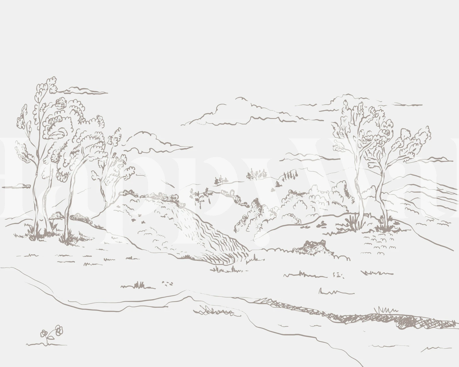 Tranquil landscape illustration with trees and hills in white wallpaper