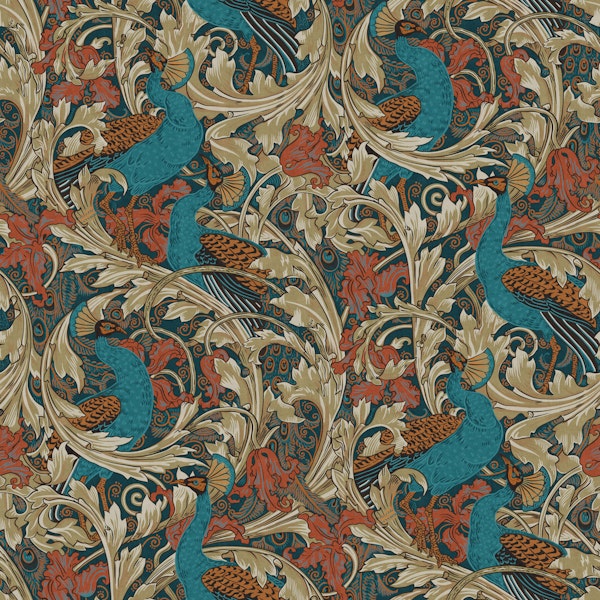 Peacock Garden in teal rust mustard beige