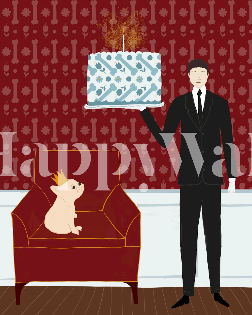 Cartoon dog with cake on red background wallpaper