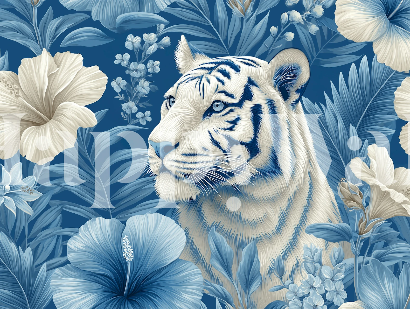 Tiger surrounded by blue tropical flowers and leaves wallpaper