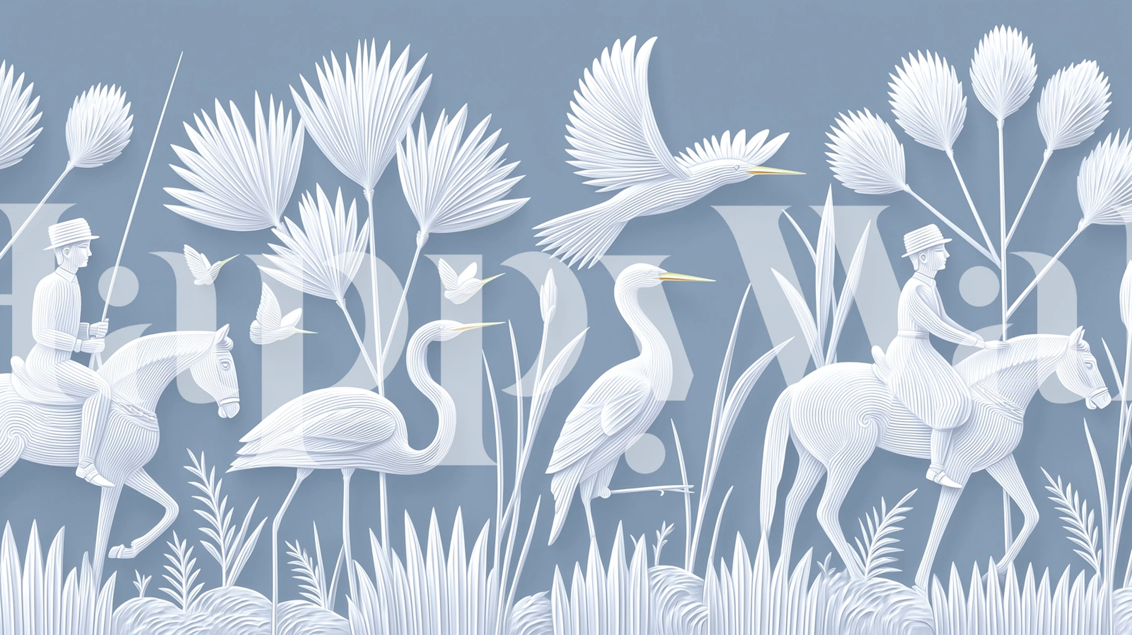 Herons and horsemen in detailed white relief on blue wallpaper