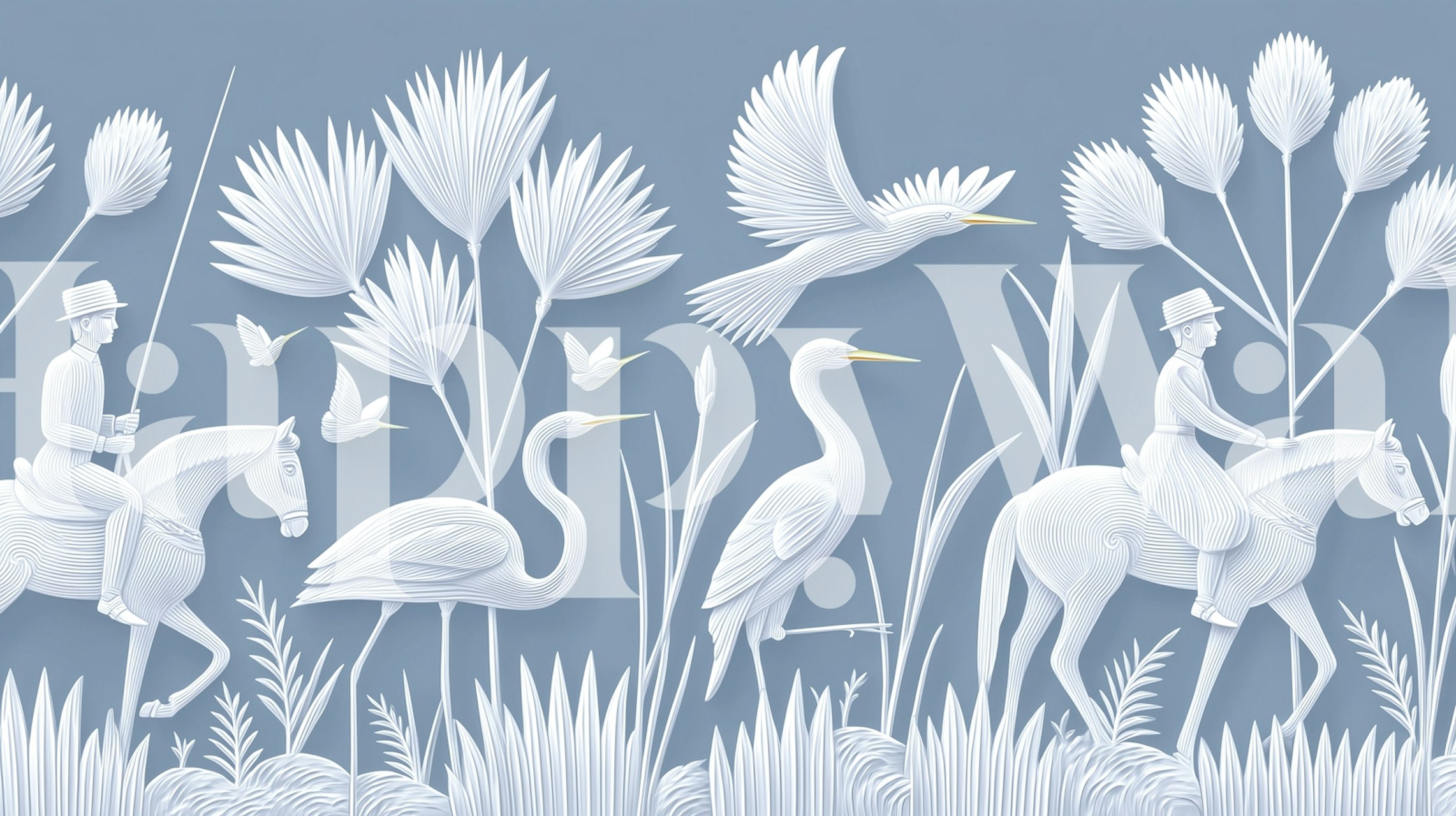 Herons and horsemen in detailed white relief on blue wallpaper