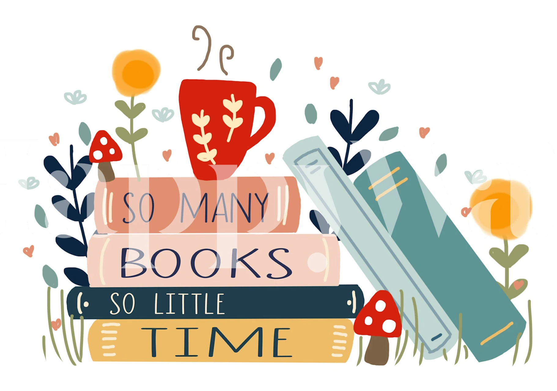 Design della carta da parati con libri impilati e fiori