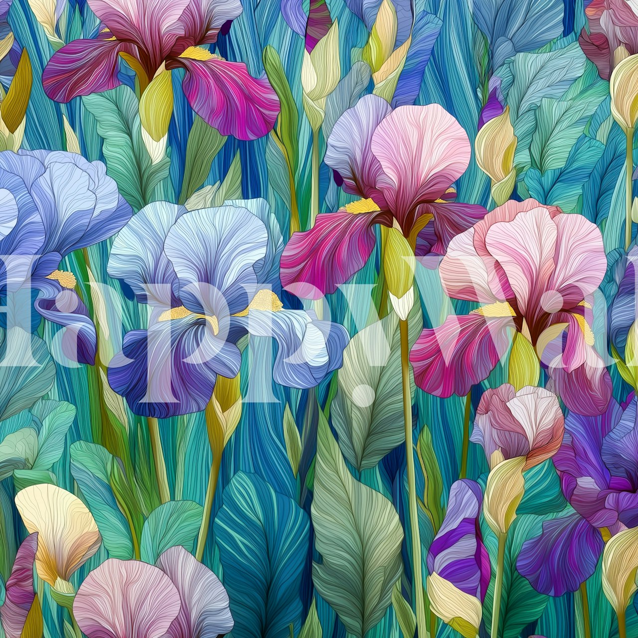 Vibrant iris garden wallpaper in a room