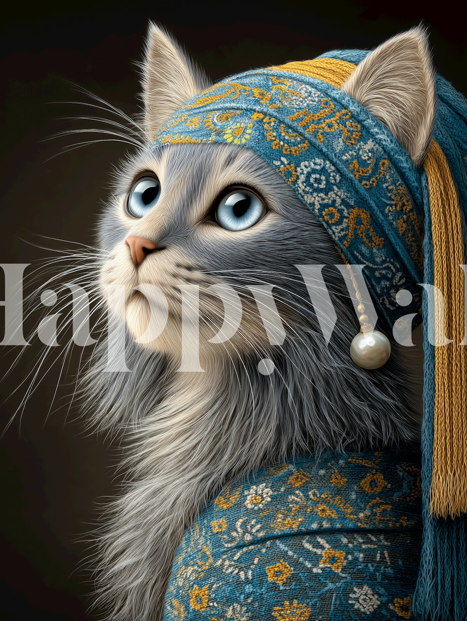 Blue-eyed cat with pearl earring wearing patterned headscarf wallpaper