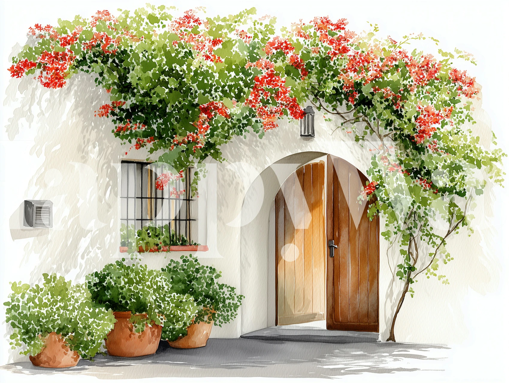 Floral pattern with red blooms and green foliage on creamy white wallpaper