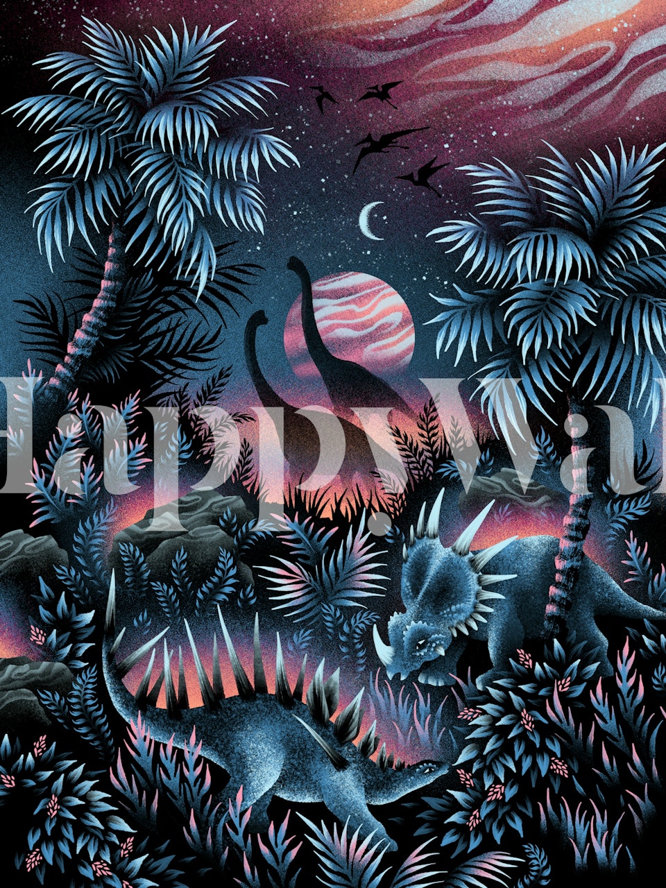 Dinosaur Lagoon Mural featuring blue and pink colors, tropical leaves, starry background wallpaper