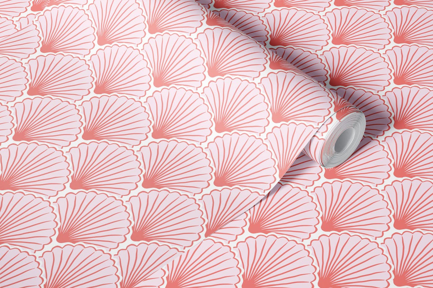 Seashell scallops - light pink and coral wallpaper roll