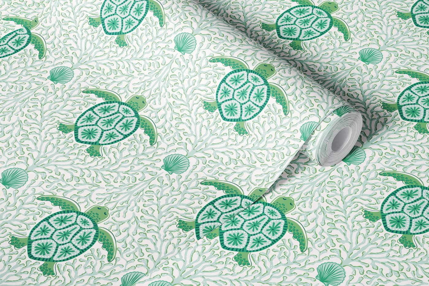 Sea turtle and coral reef - green mint wallpaper roll