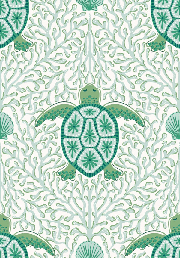 Sea turtle and coral reef - green mint
