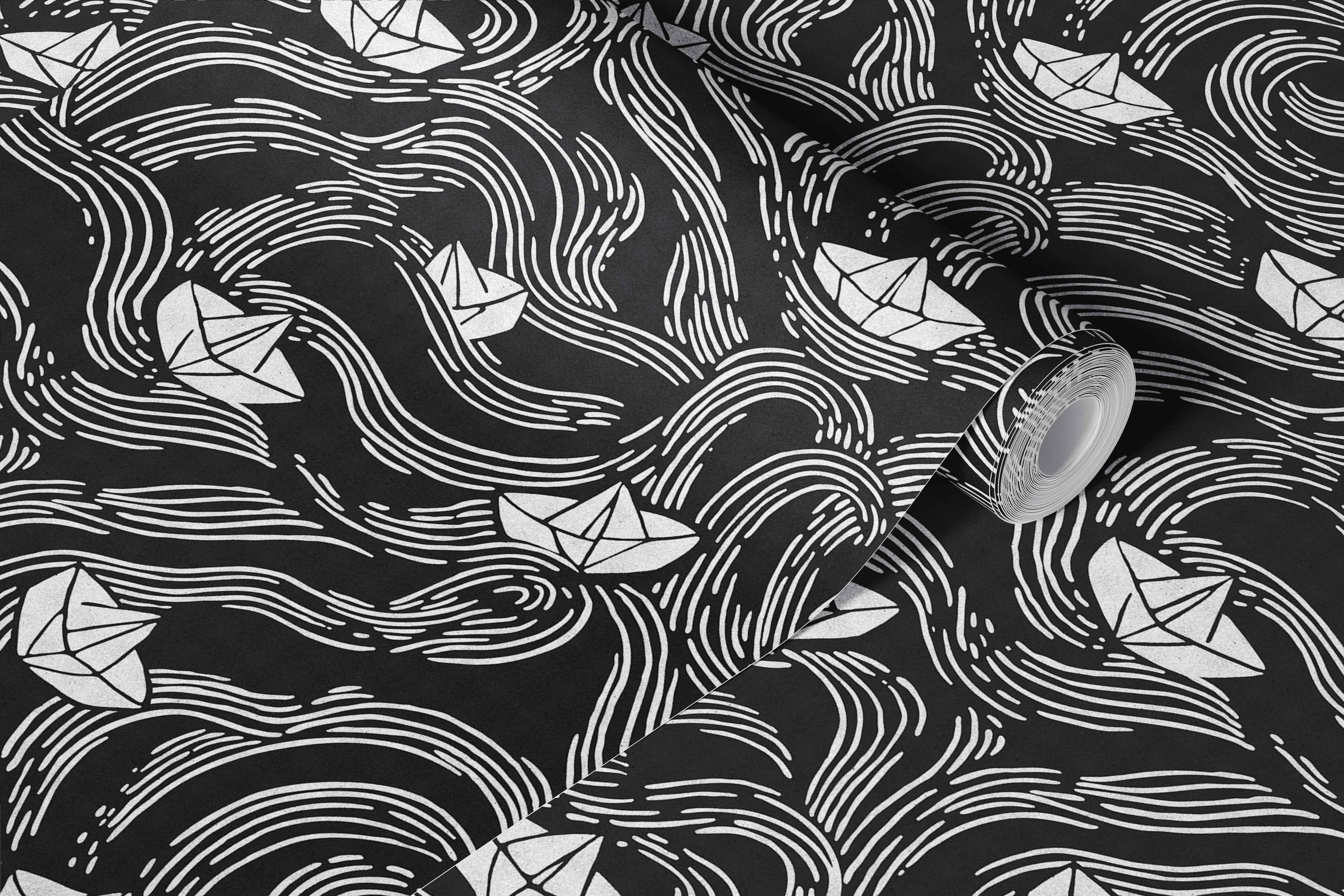 Black and white wallpaper with paper boats
