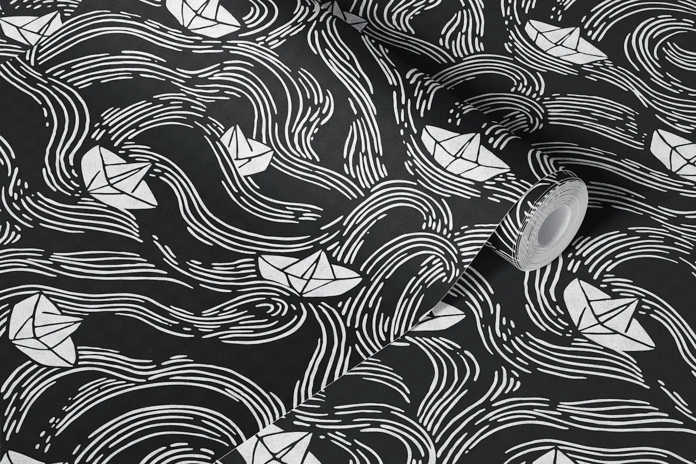 Chalk Boats on a Blackboard wallpaper roll