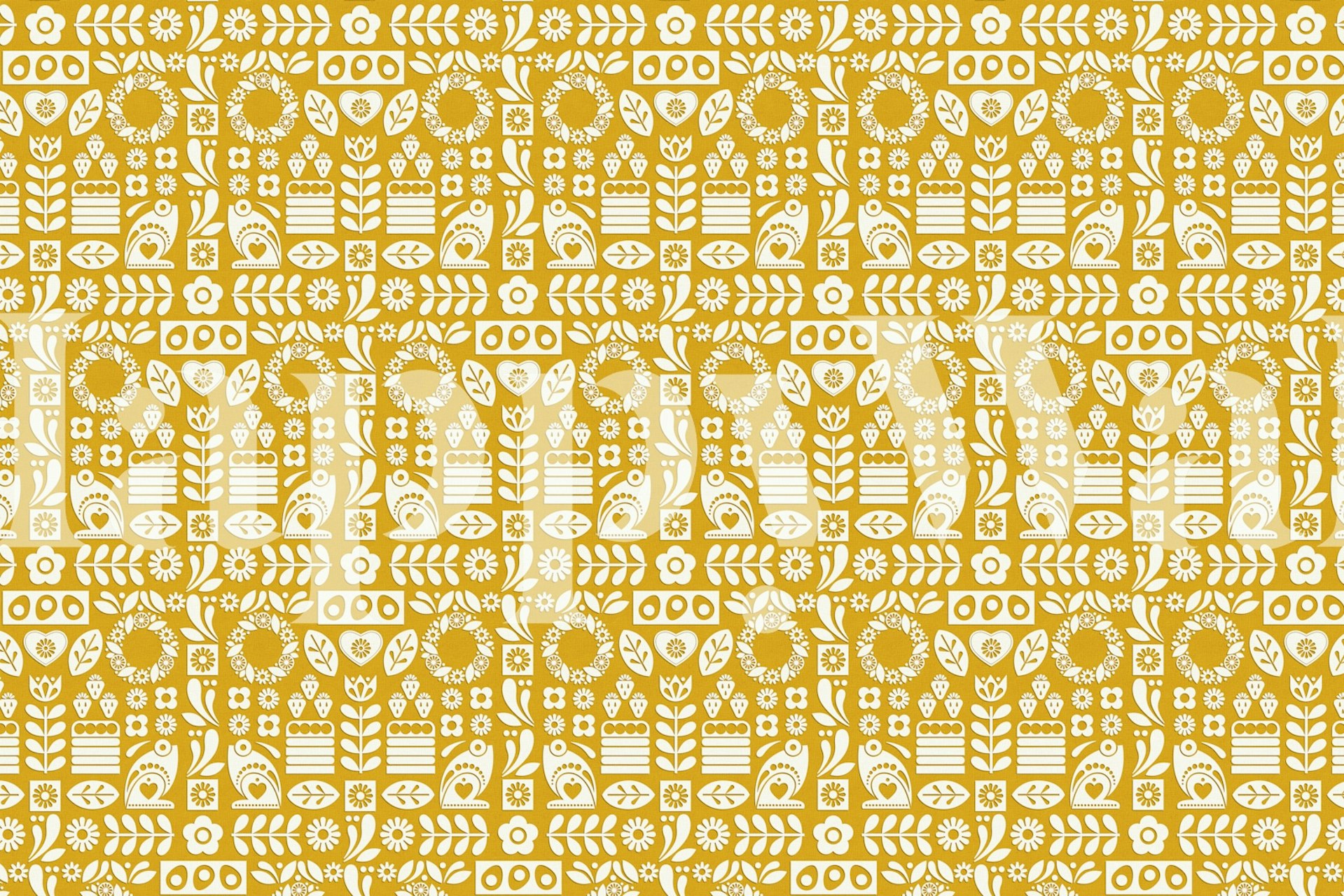 Scandi Midsommar Goldenrod papel pintado en una habitación