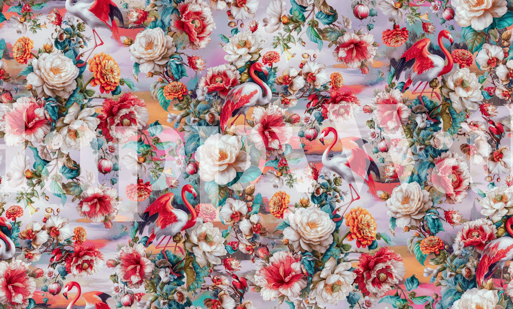 Flamingo Sunset Vibes floral wallpaper in a room