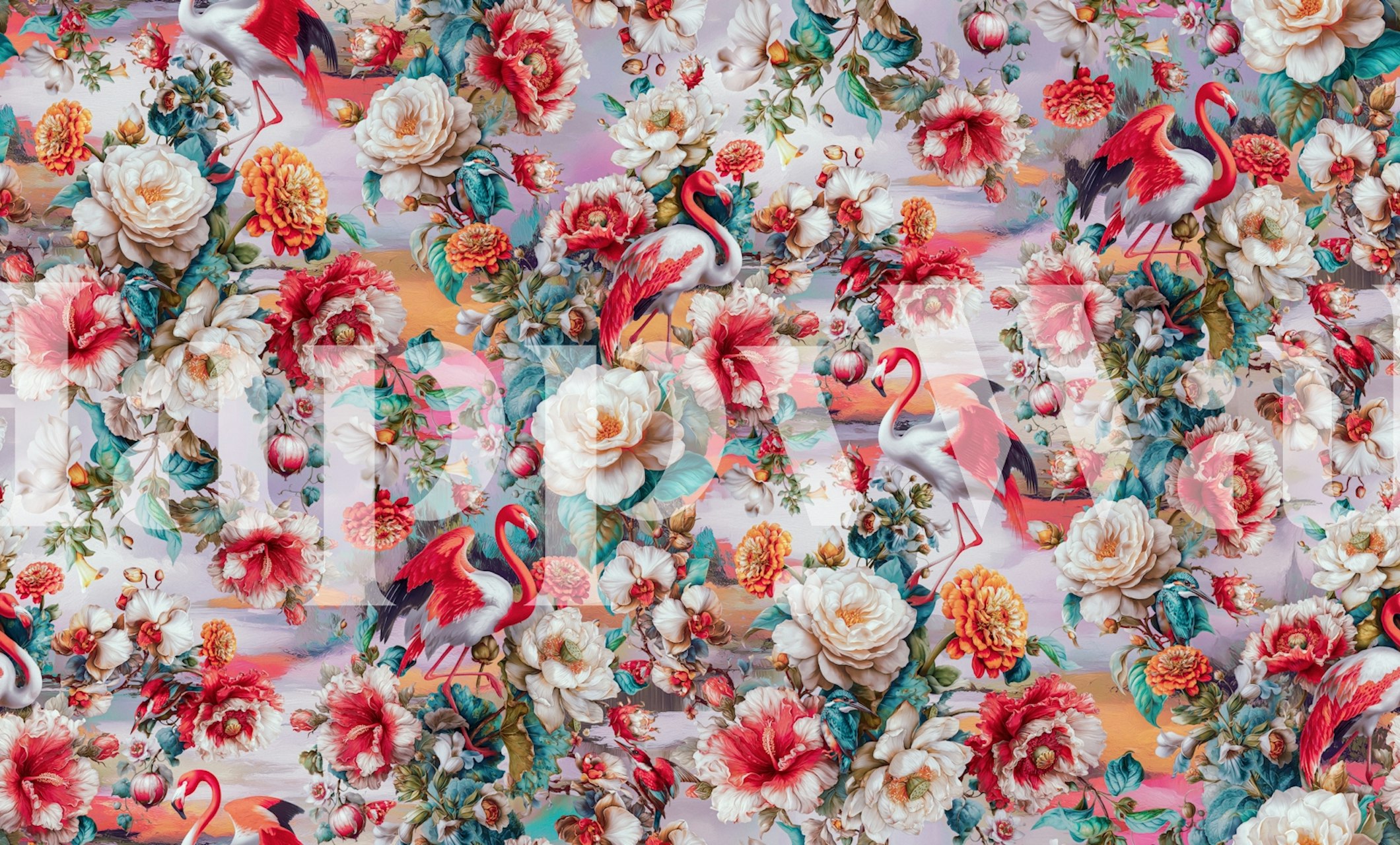 Flamingo Sunset Vibes papel pintado floral en una habitación