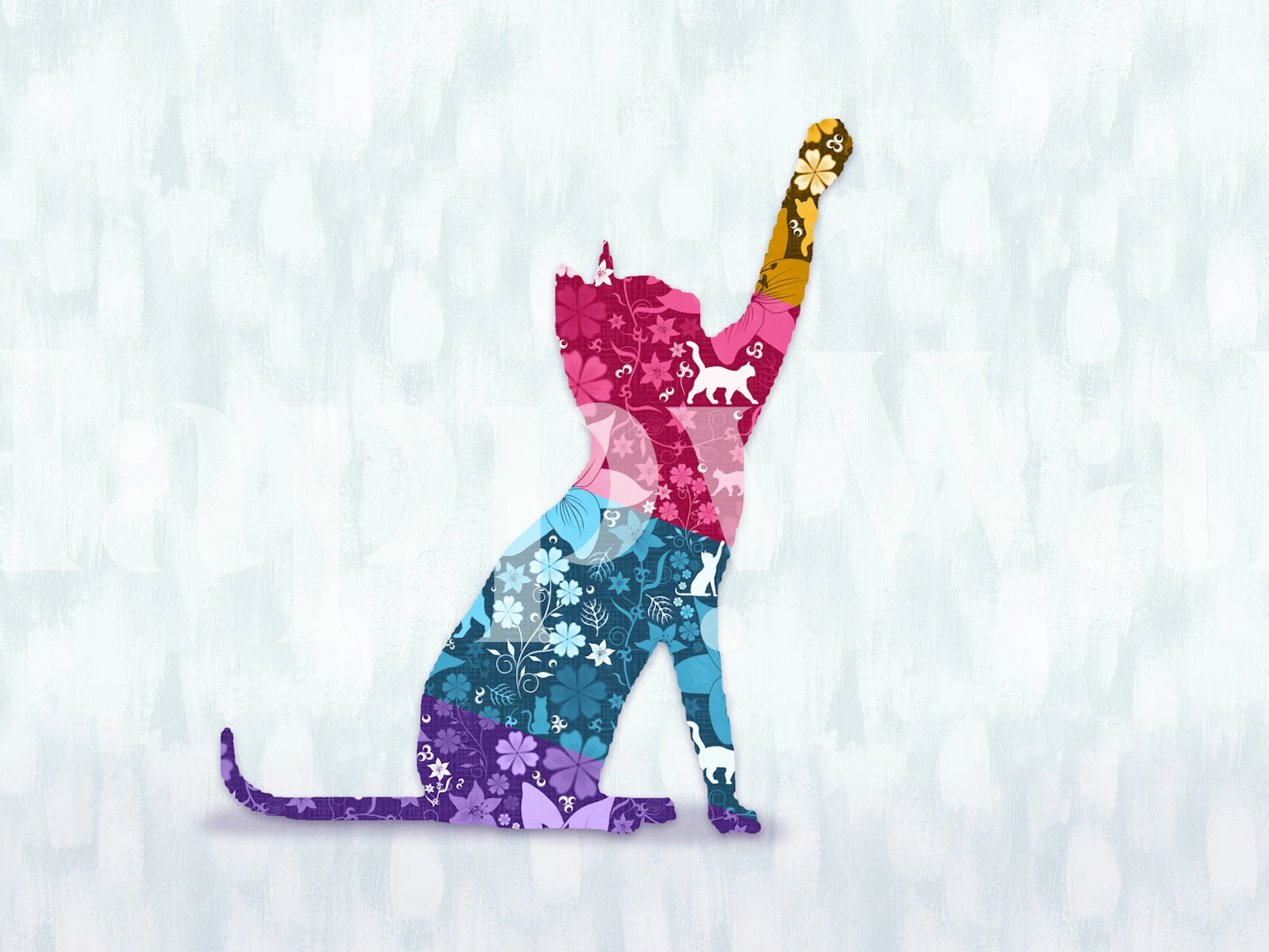 Colorful playful cat wallpaper in a room