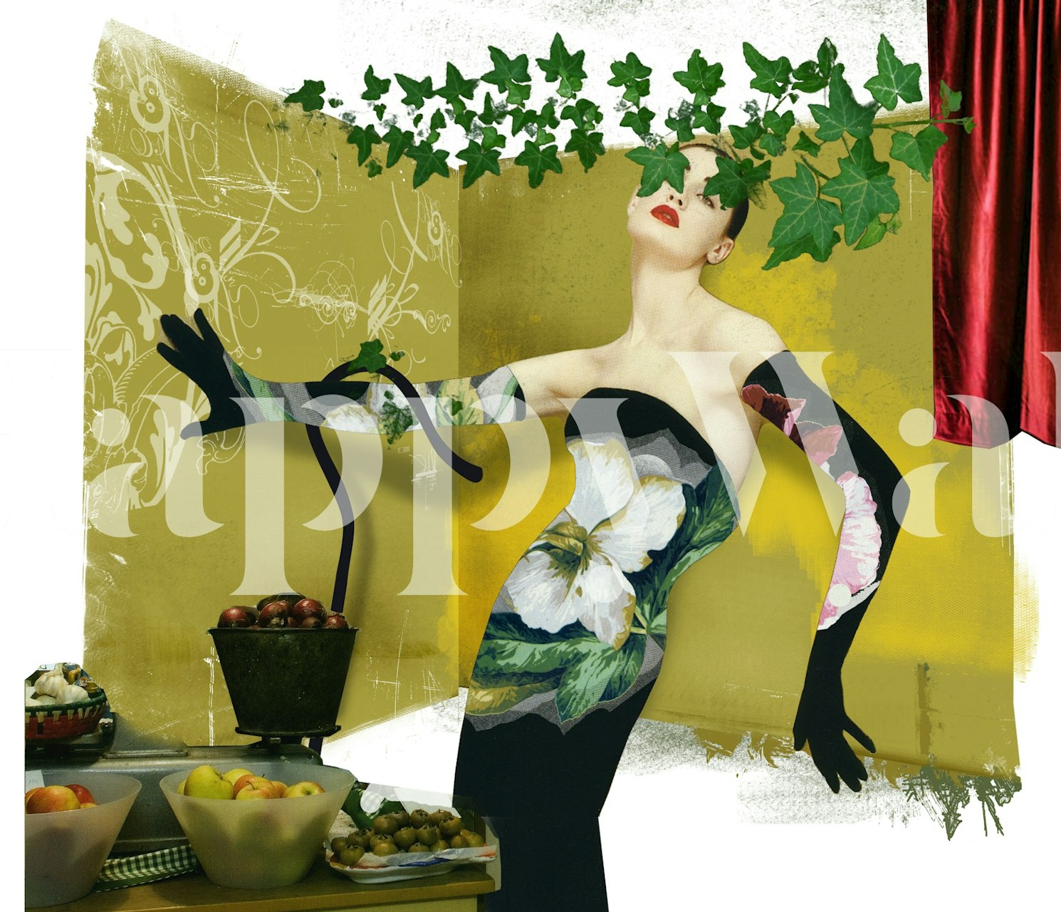 Floral pattern wallpaper featuring a stylized woman