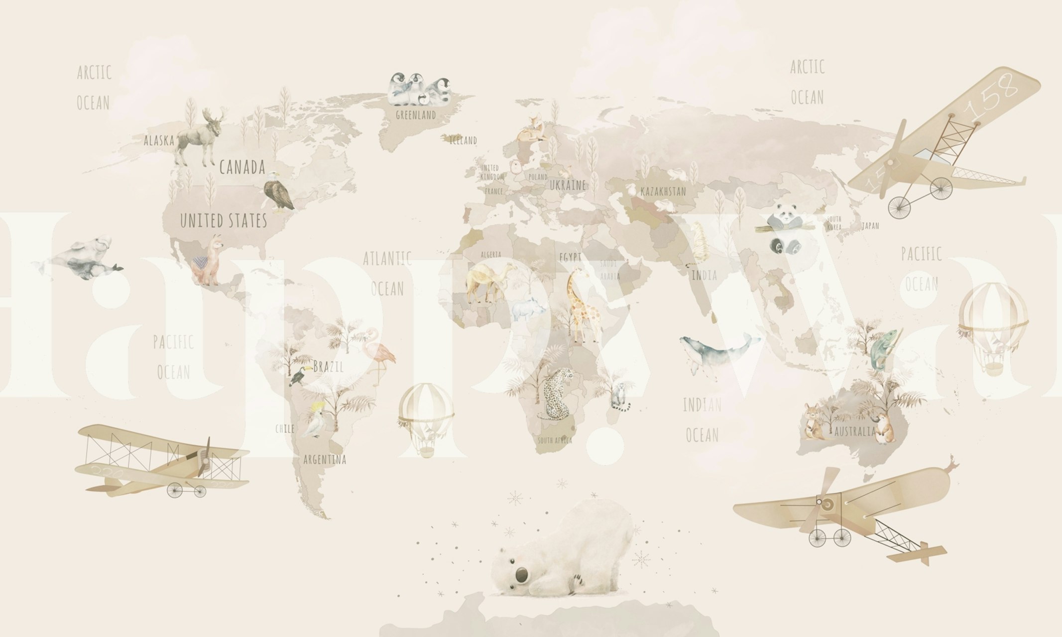 Beige world map with animals and airplanes wallpaper