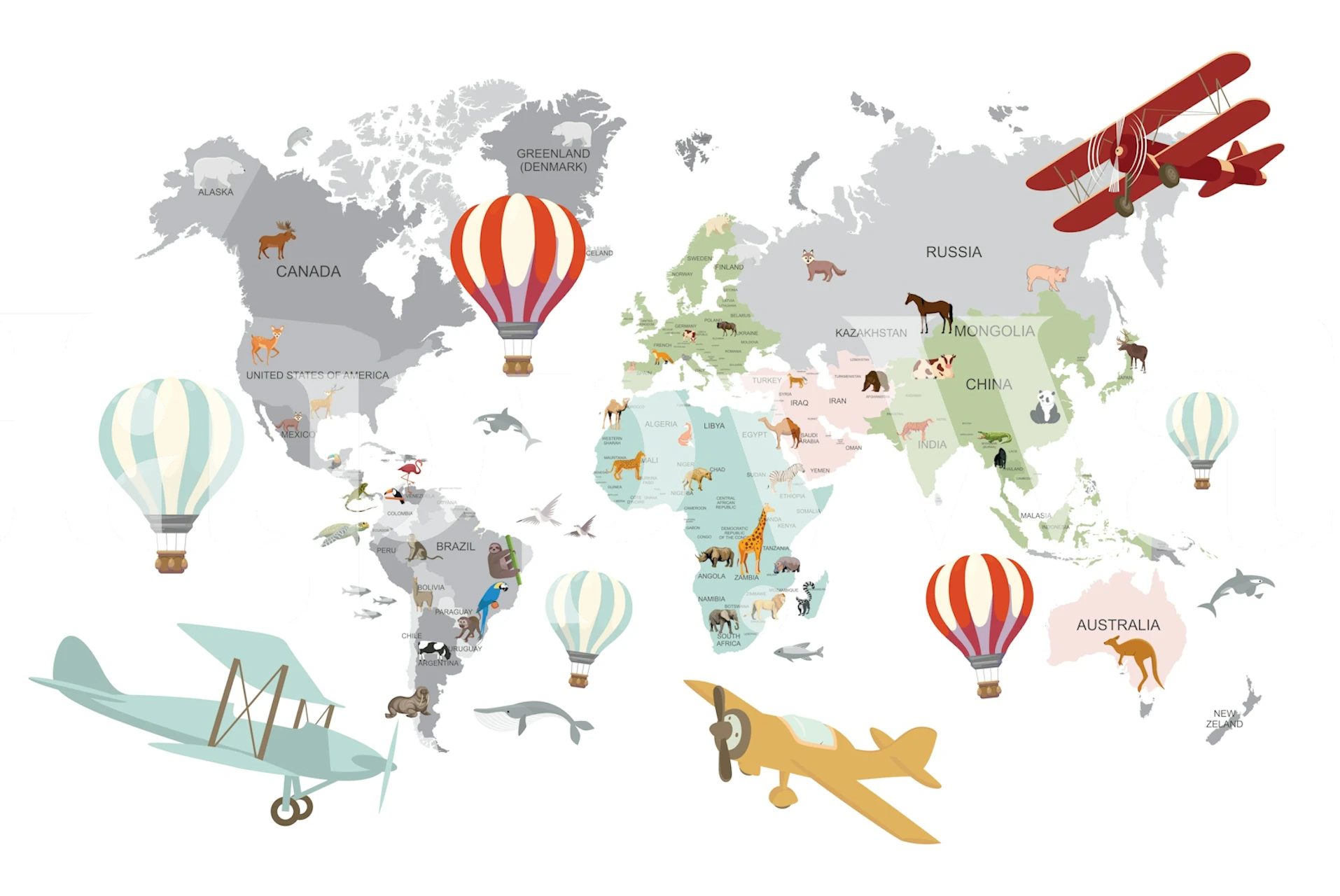 Whimsical world map wallpaper in a room