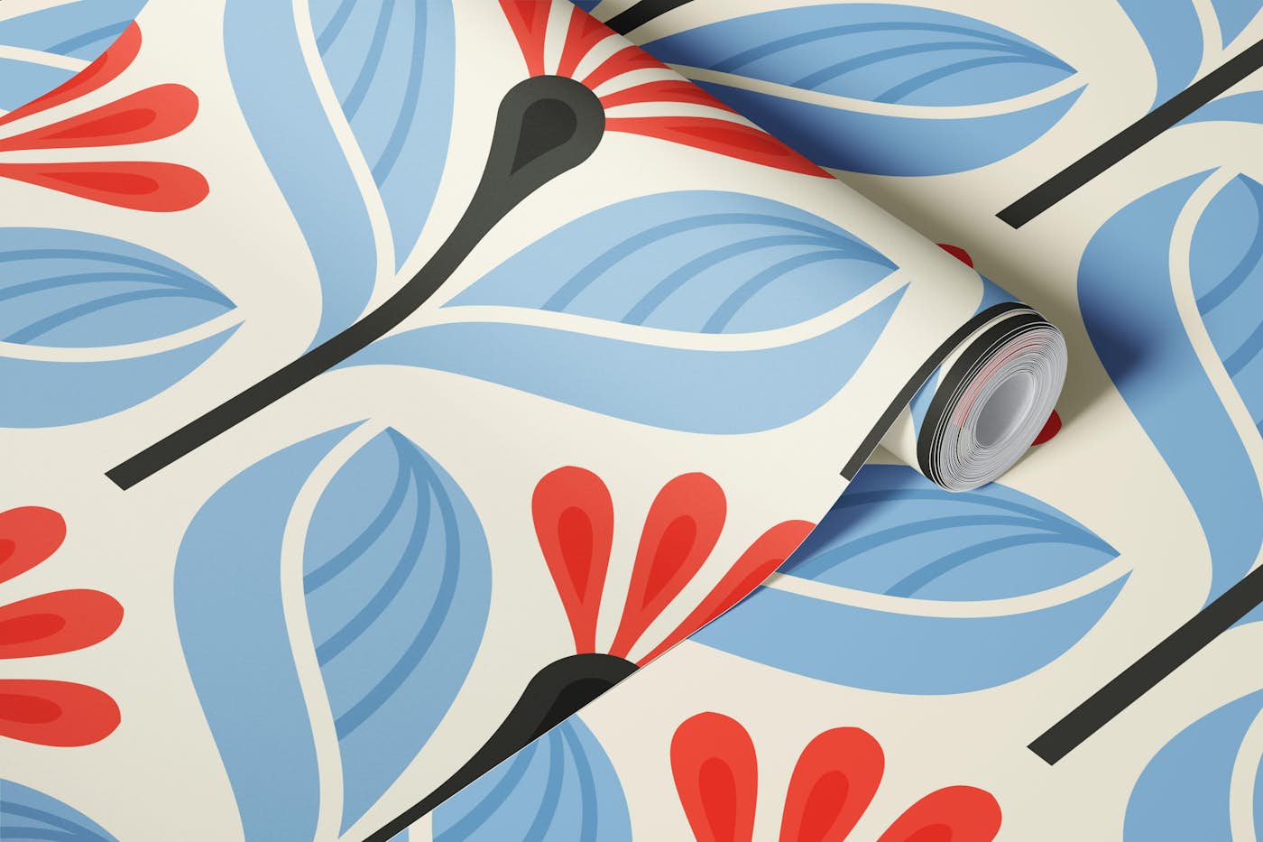 Stylized Flower Motif in Blue Red - L wallpaper roll
