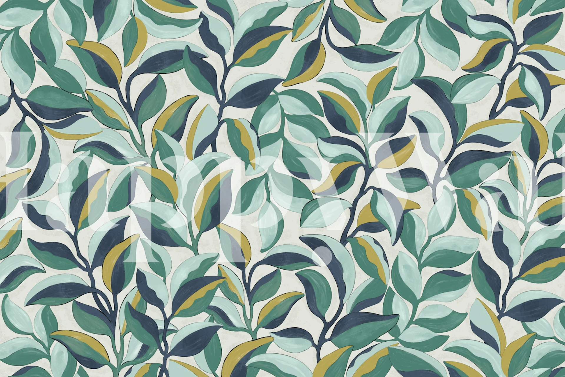 Green botanical leaf wallpaper with layered leaves in various shades