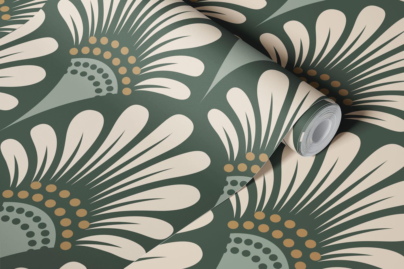 Art deco abstract blossoms scallop sage green wallpaper roll