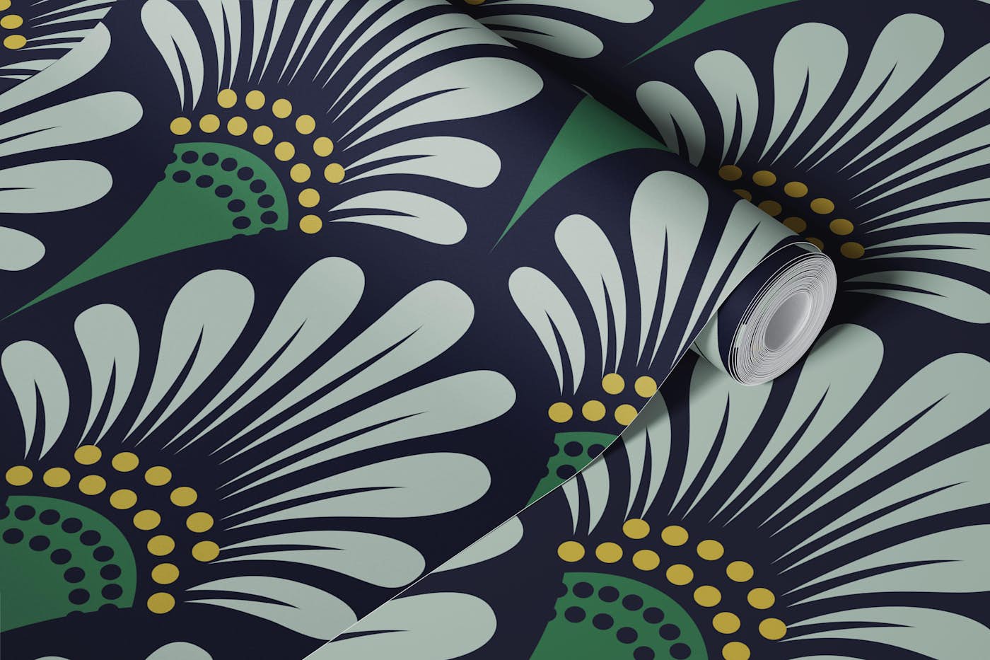 Art deco abstract blossoms scallop dark green wallpaper roll