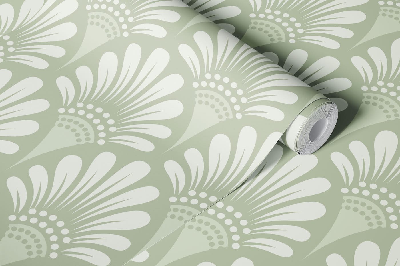 Art deco abstract blossoms scallop light sage wallpaper roll