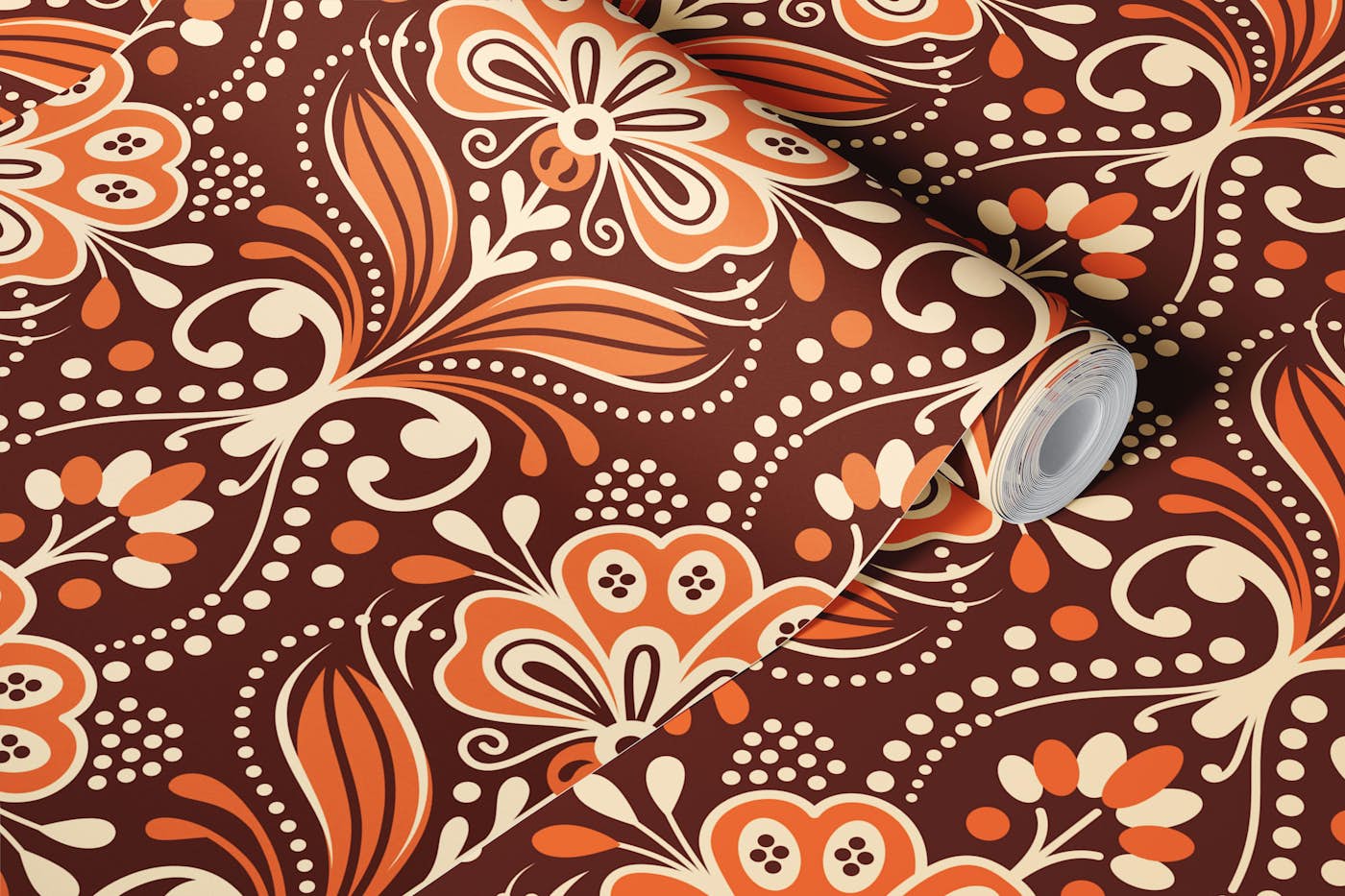 Ornamental vintage florals brown wallpaper roll