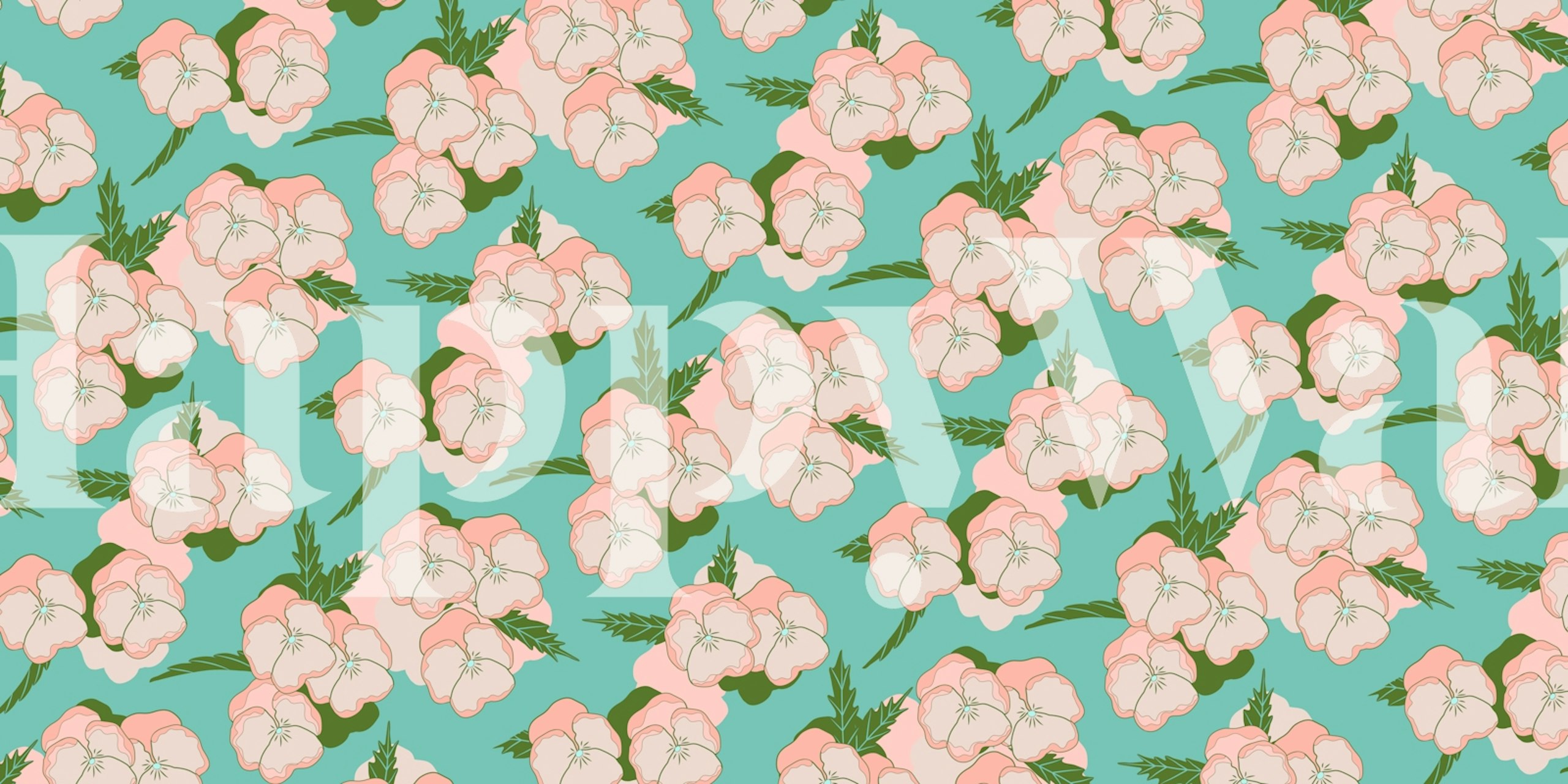 Pink floral pattern on teal background wallpaper