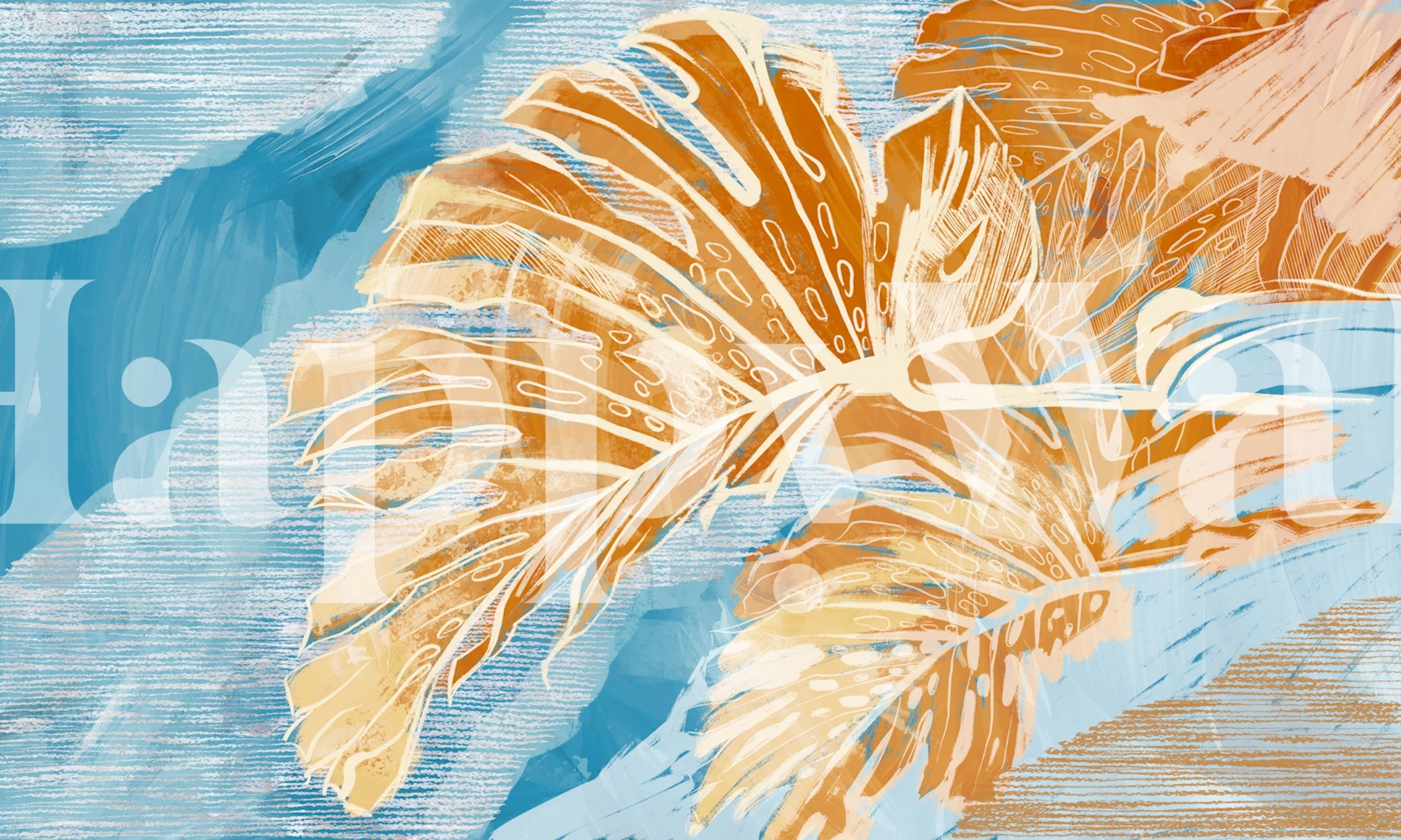 Tropical leaf design in orange and blue abstract wallpaper