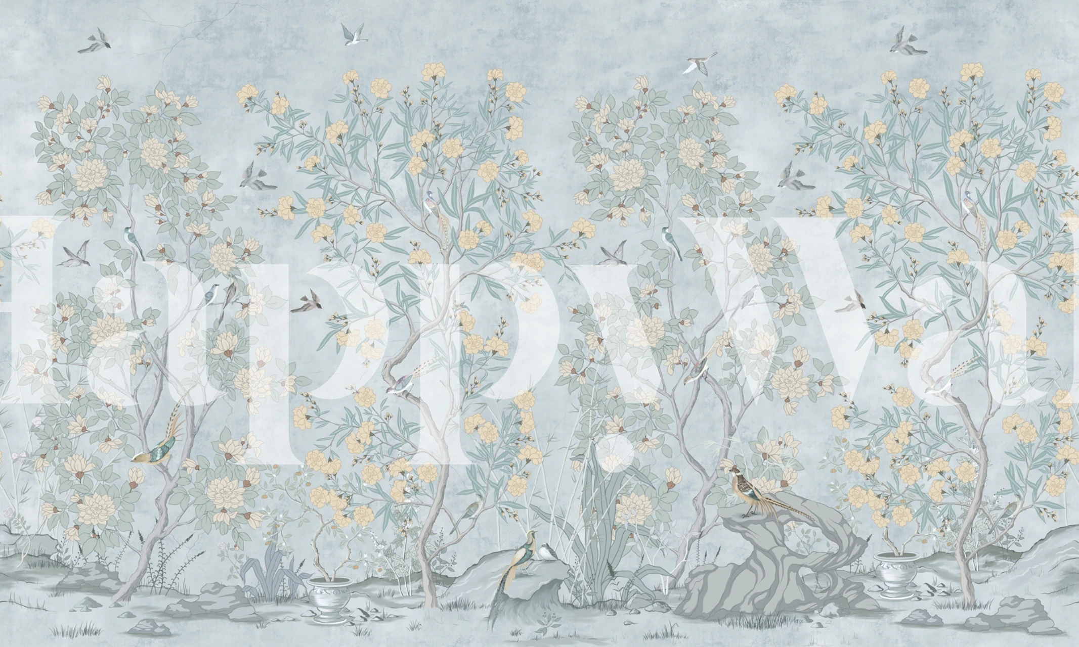 Floral motifs with birds in soft blue and yellow colors Chinoiserie wallpaper