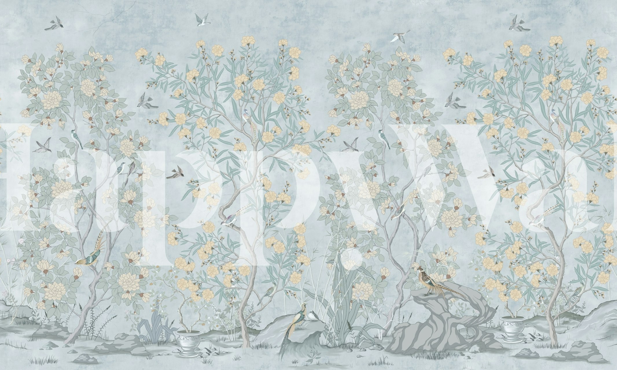 Floral motifs with birds in soft blue and yellow colors Chinoiserie wallpaper