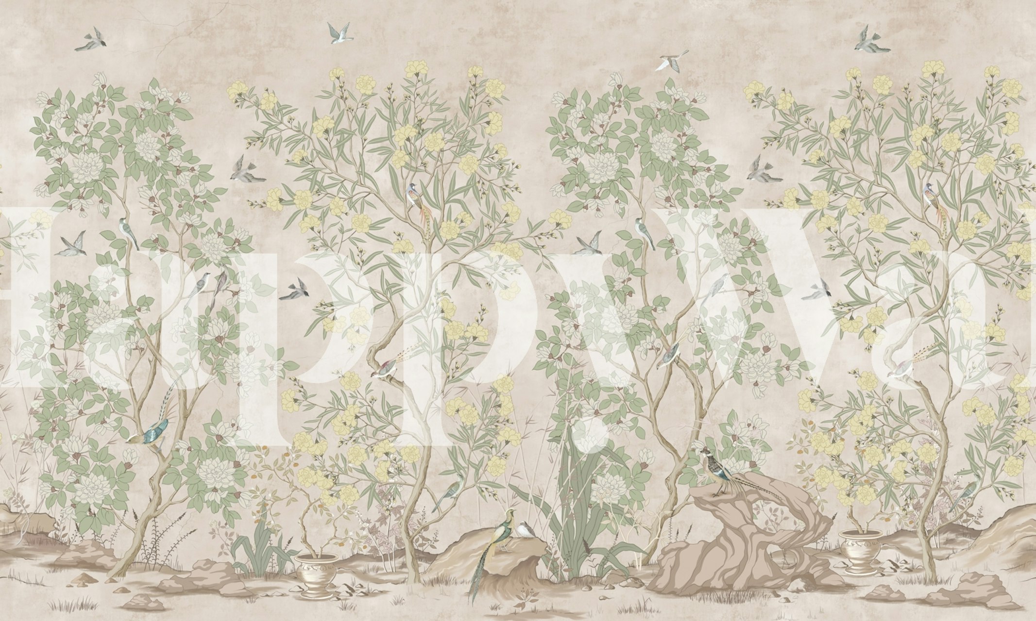 Chinoiserie beige wallpaper in a room