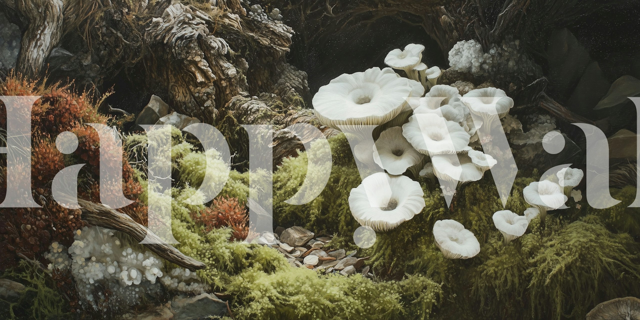 White mushrooms on green moss and rocks wallpaper