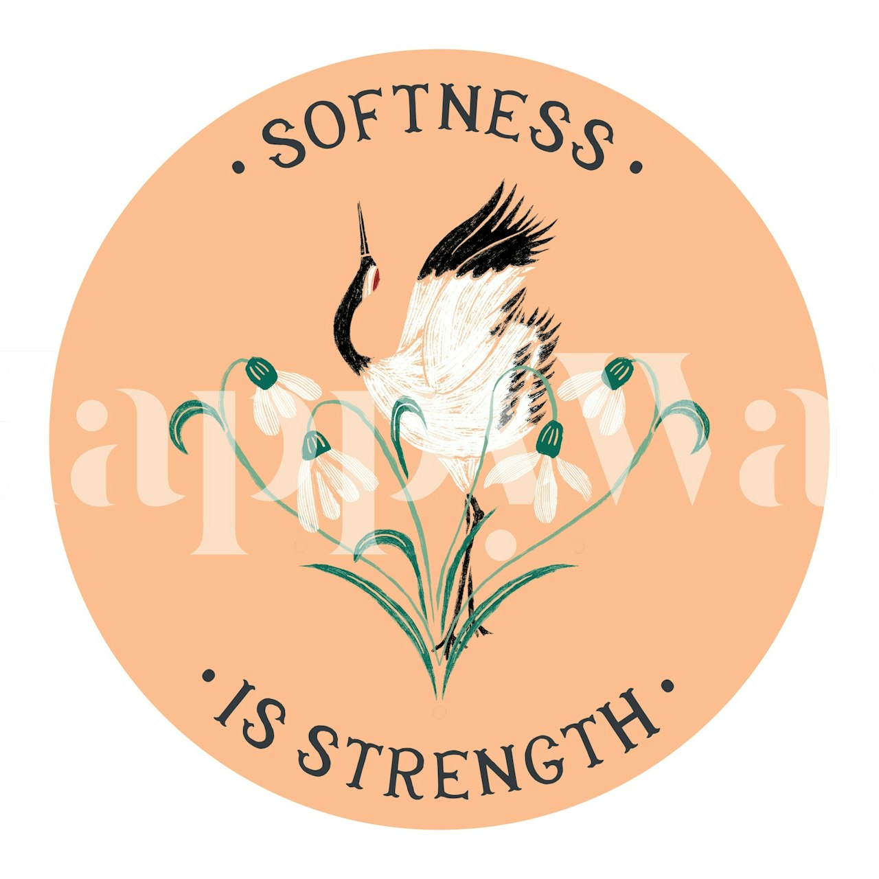 Crane with flowers against a peach background wallpaper