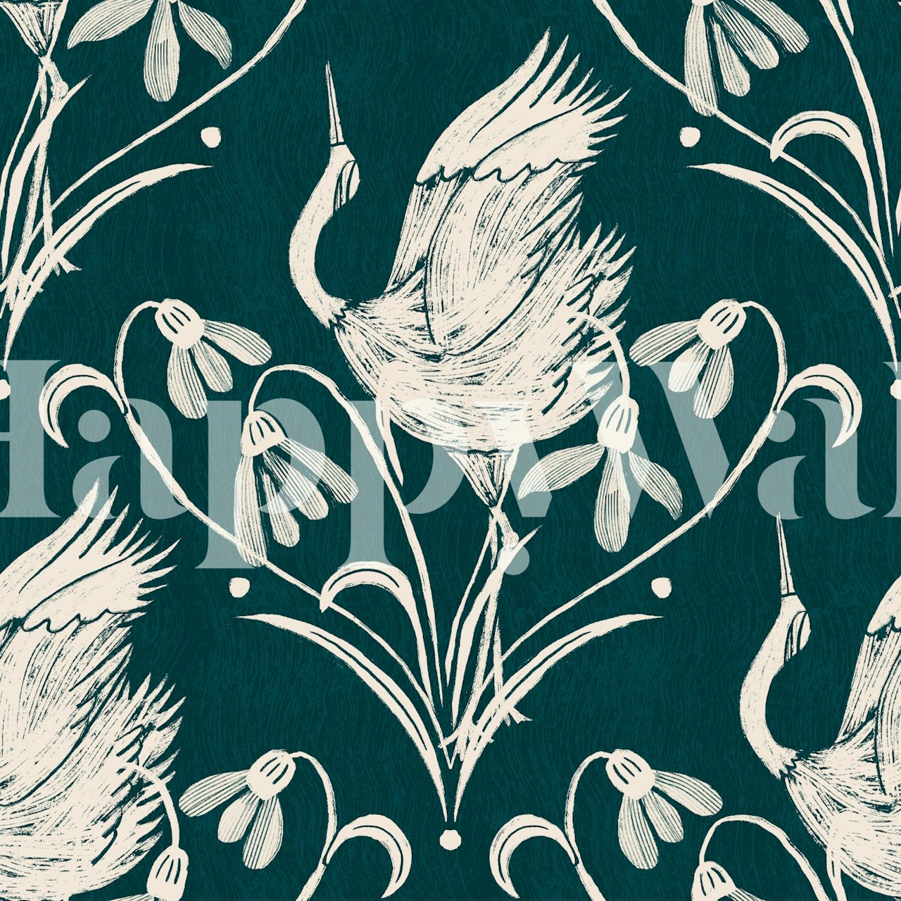 Cranes and flowers in white on a teal background wallpaper