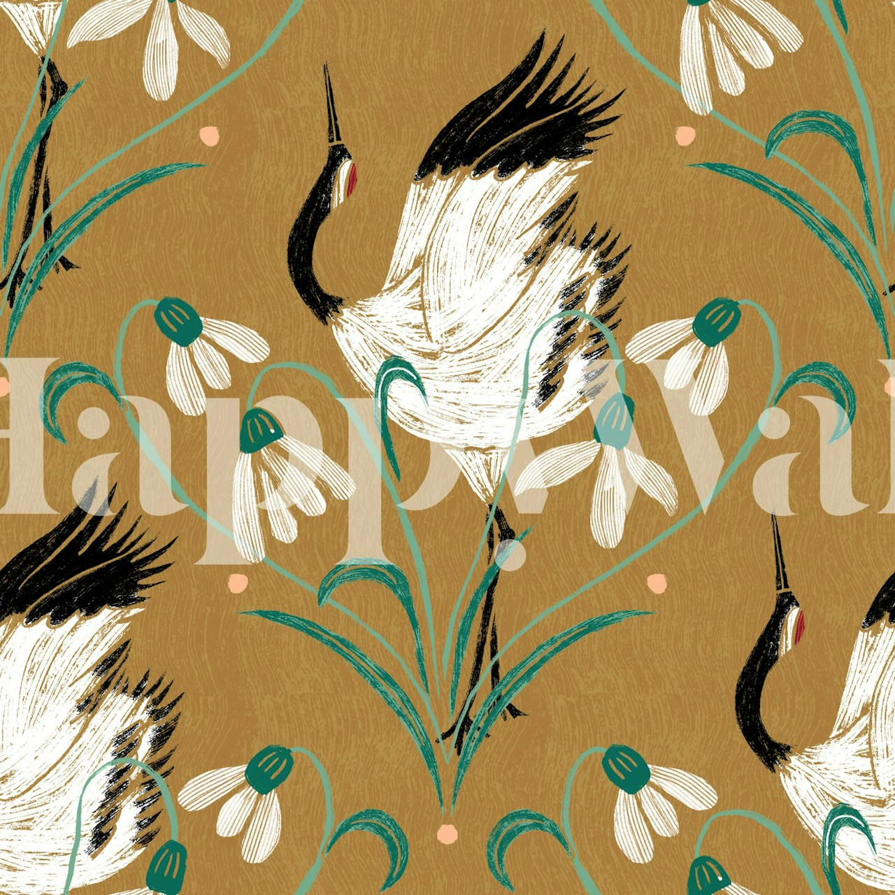 Elegant Cranes on Ochre wallpaper design
