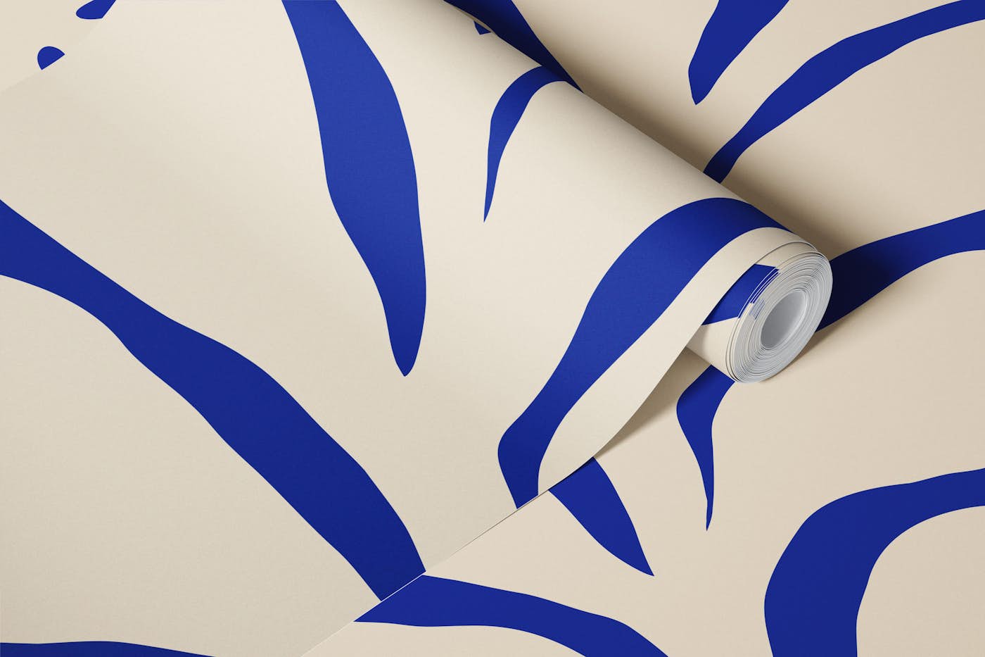 Ivory Leaves on Cobalt Blue wallpaper roll
