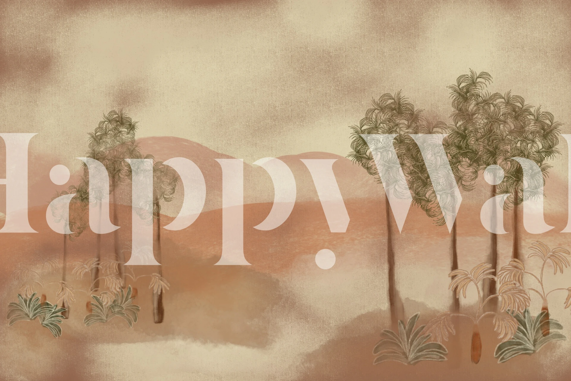 Palm trees on a warm desert landscape in soft earthy colors wallpaper