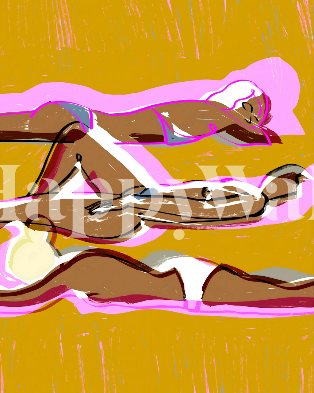 Vibrant Sunbathers on Golden Sand tapet i et rom