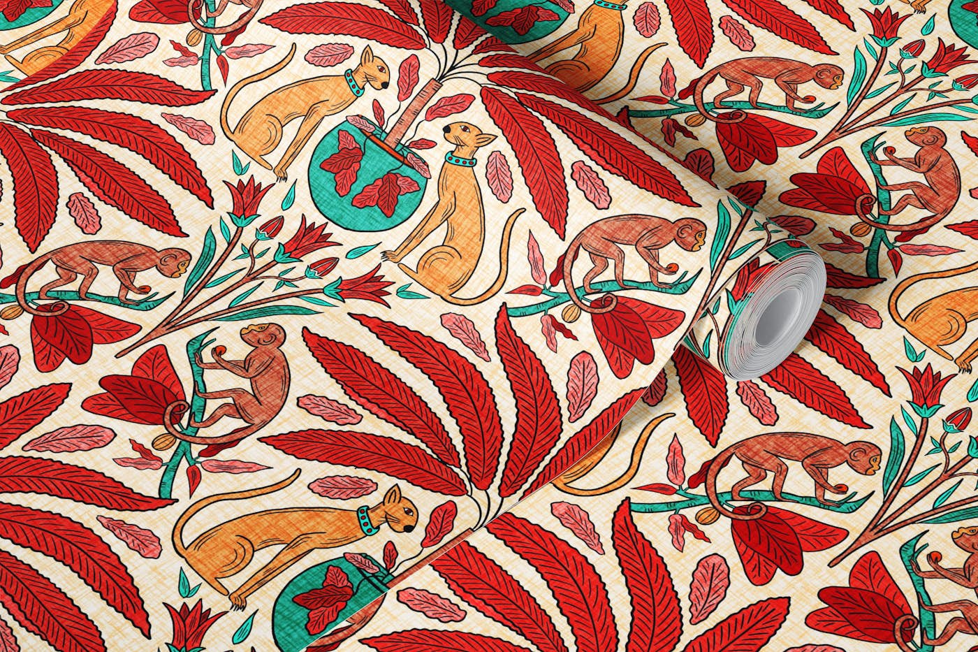 Big Cats under Palms I Damask wallpaper roll