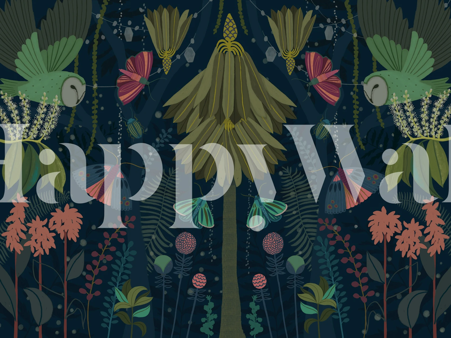 Colorful tropical plants, flowers, and butterflies on dark background wallpaper