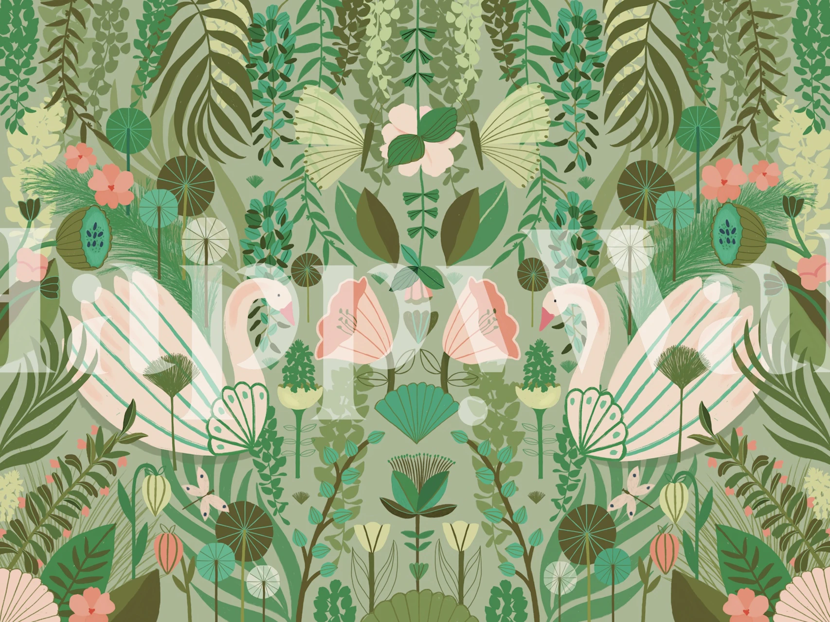 Floral pattern with swans and greenery in pink and green wallpaper