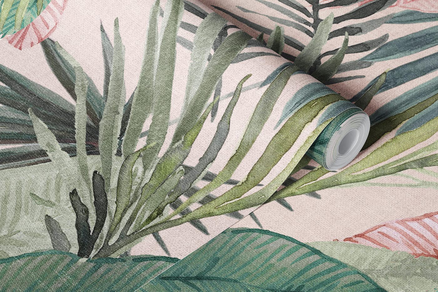Tropical watercolour Jungle leaves - pink II wallpaper roll