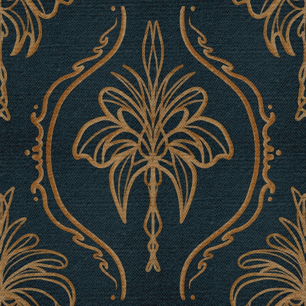 Golden Brocade Damask Petrol Blue