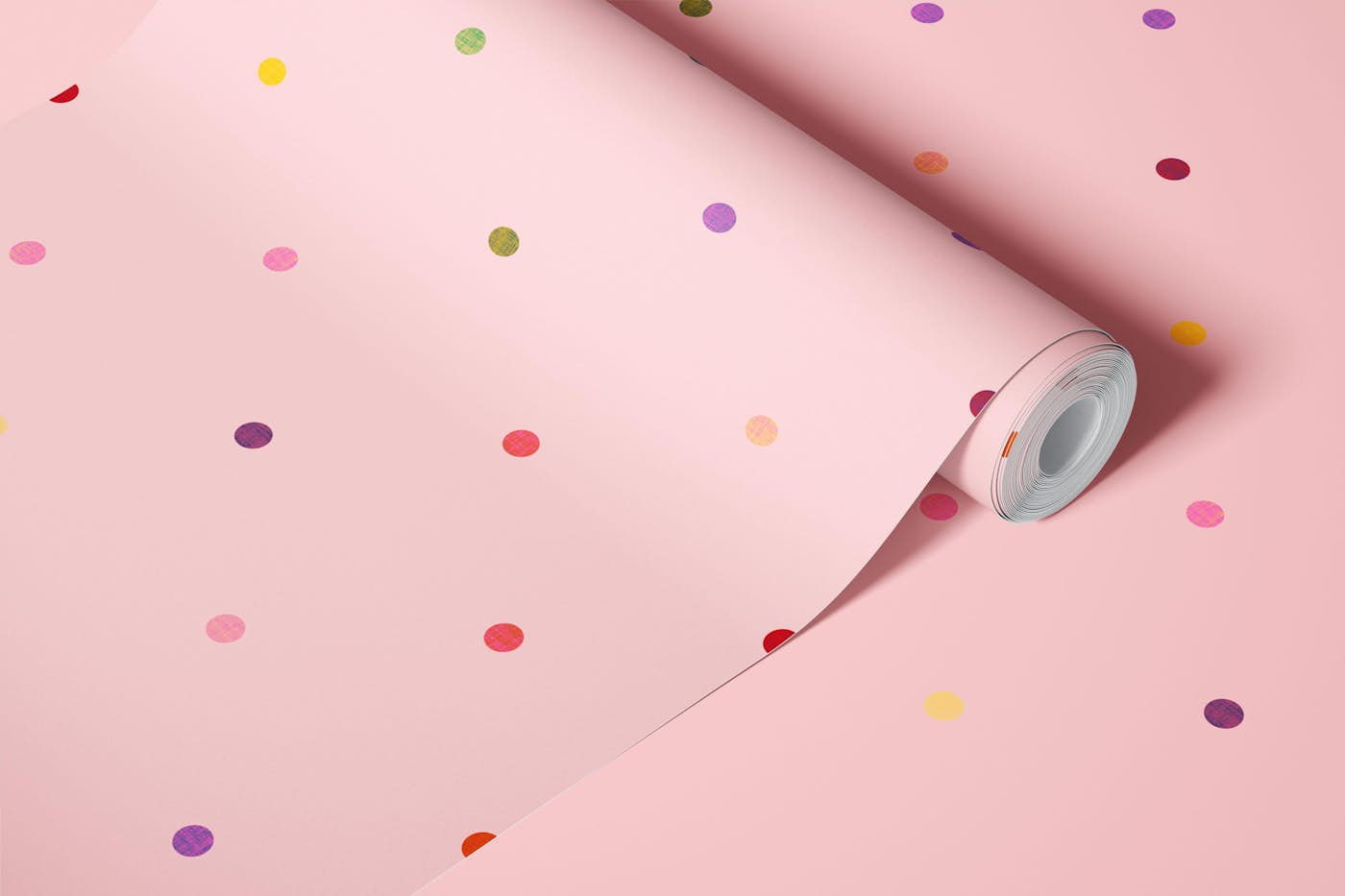 Rainbow Polka Dots on Pastel Pink wallpaper roll