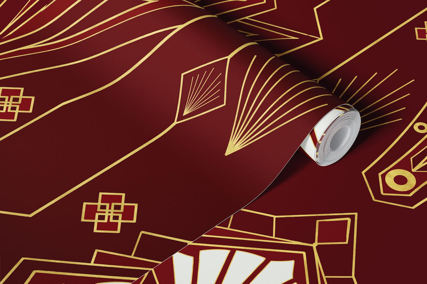 Luxurious Art Deco Deep Red Gold L wallpaper roll