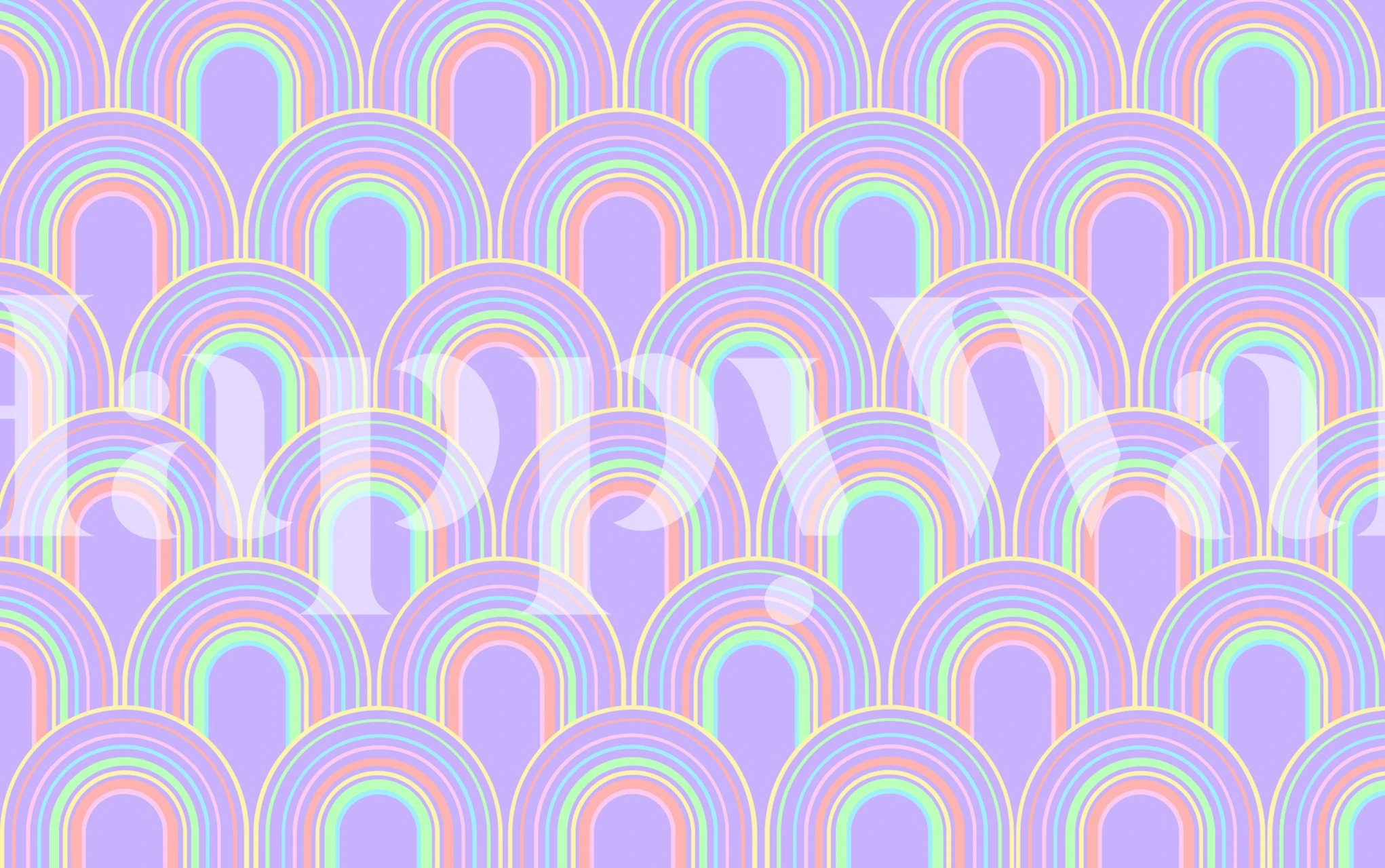 Colorful rainbow arches in pastel shades on lavender wallpaper